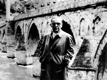 Ivo Andrić at Mehmed Paša Sokolović Bridge, Višegrad, c. 1970?